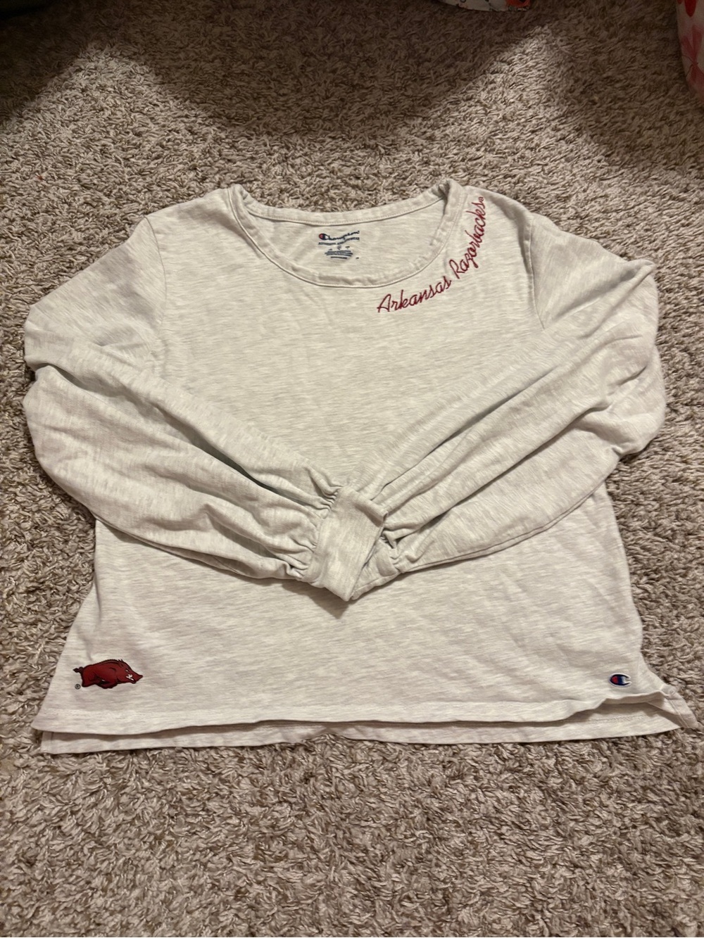 Champion Light Gray Tee with Red Arkansas Razorbacks Script